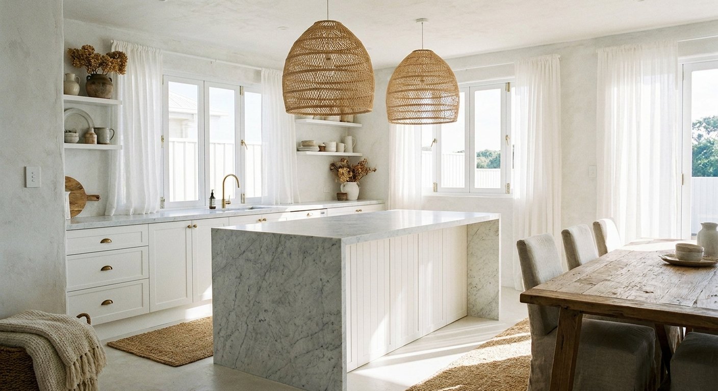 The Whitewashed Kitchen: Rattan Pendants Over a Marble Island